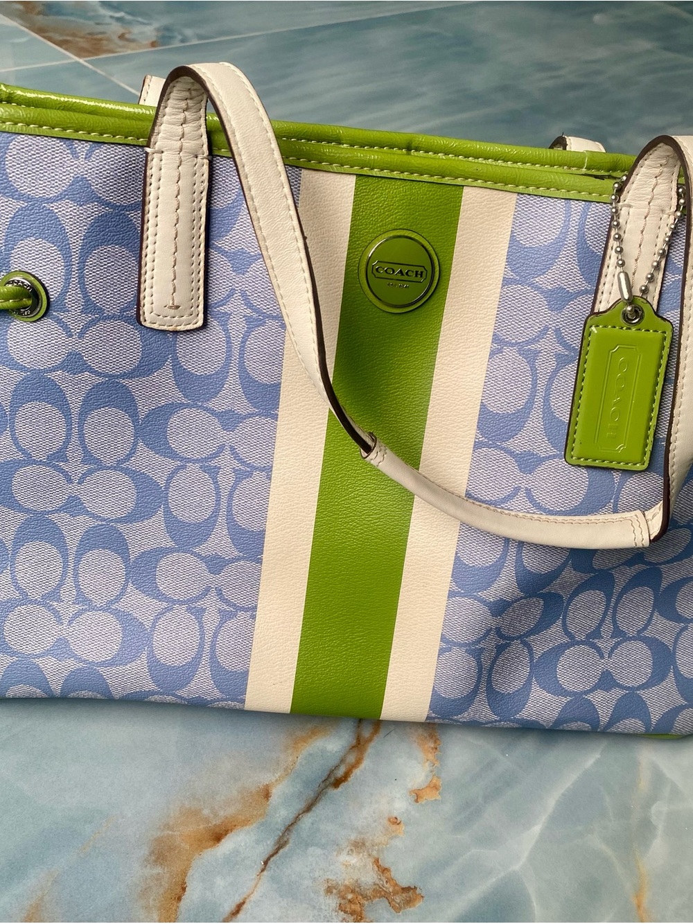 Coach Blue Signature Tote with Lime and White Stripes - Picture 2 of 5
